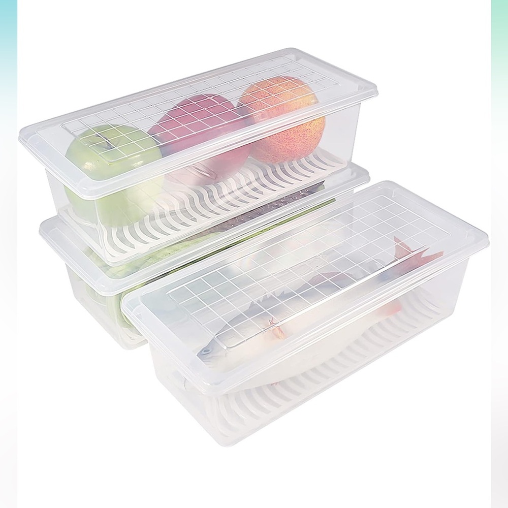 Pack of 3 Plastic Food Storage Container with Removable Drain Plate and Lid